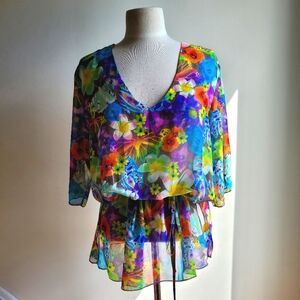 La Vie en Rose Aqua Floral Beach Coverup  Medium